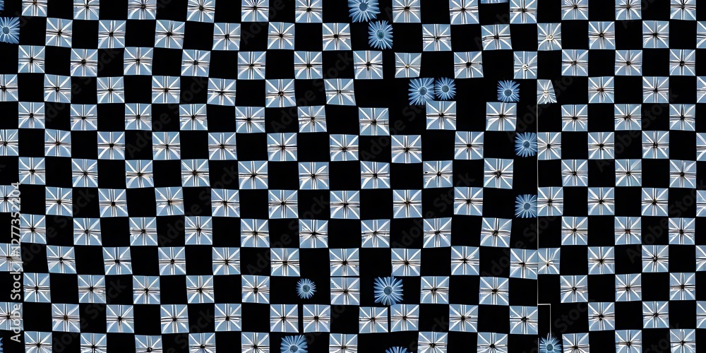 Fototapeta premium Geometric Daisy Dreams, A whimsical checkerboard pattern with floral accents