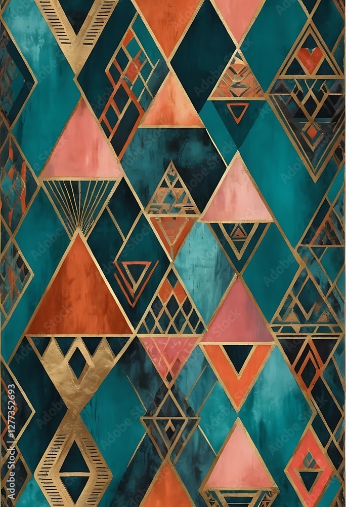 Fototapeta premium Geometric Reverie, A Captivating Teal and Copper Diamond Pattern