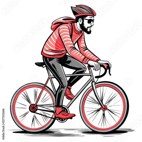 A stylish messenger, wearing urban attire, swiftly rides a vintage fixie bicycle down a city street.  Watercolor style.
