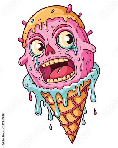 A surreal image of a melting ice cream cone morphing into a screaming face, dripping with melted ice cream.  The expression should be one of comical horror.