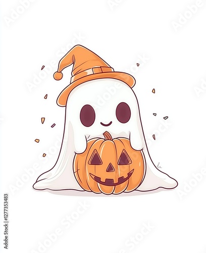 Cute Halloween Ghost with Pumpkin and Witch Hat