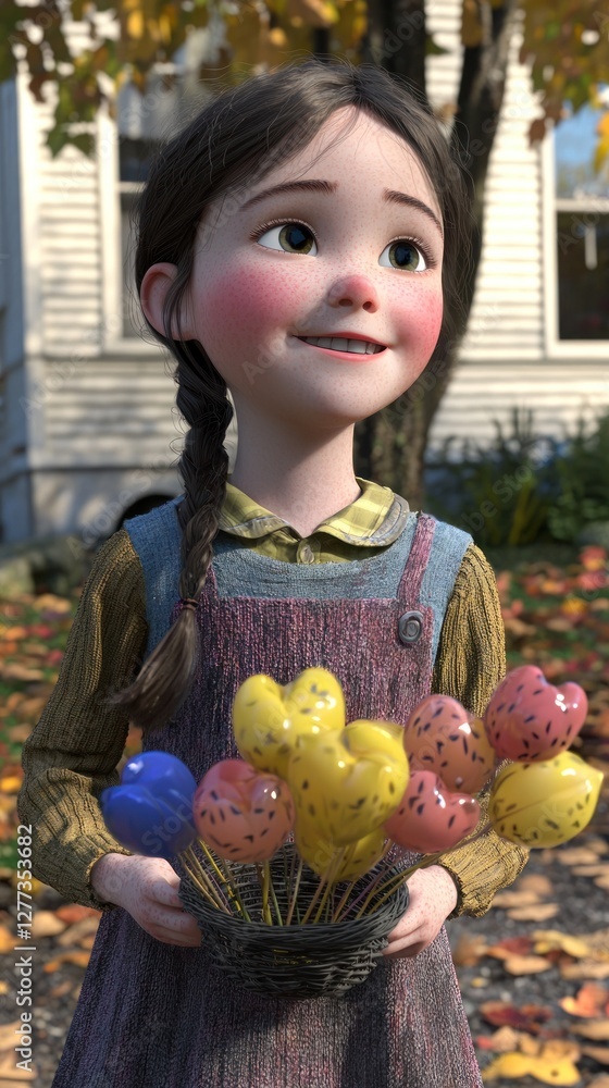 Fototapeta premium Girl holding balloons, autumn yard, smiling, possible use children's book illustration