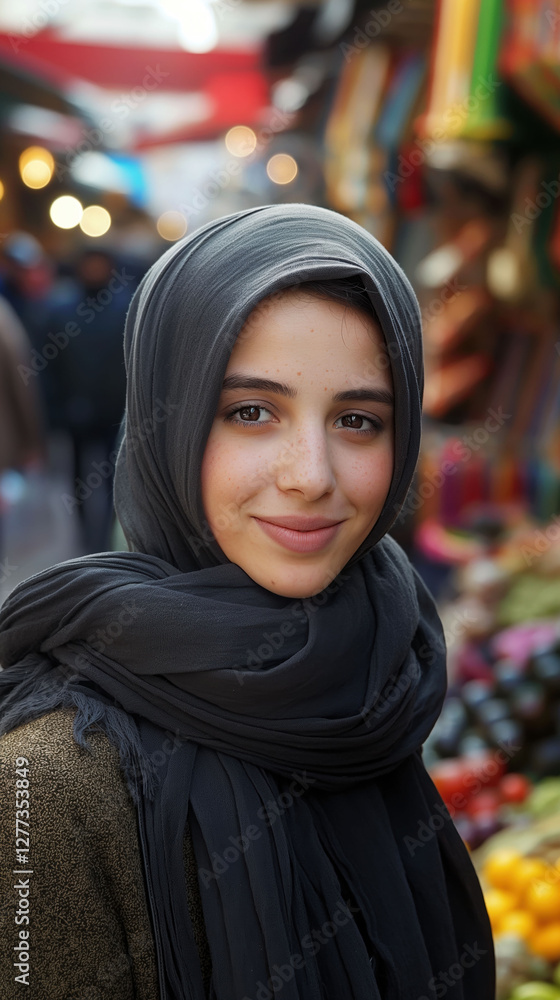 Warm smile of a young Middle Eastern woman in a vibrant urban market environment filled with colors and lively activity Warm smile of a young Middle Eastern woman in a vibrant urban market environment filled with colors and lively activity