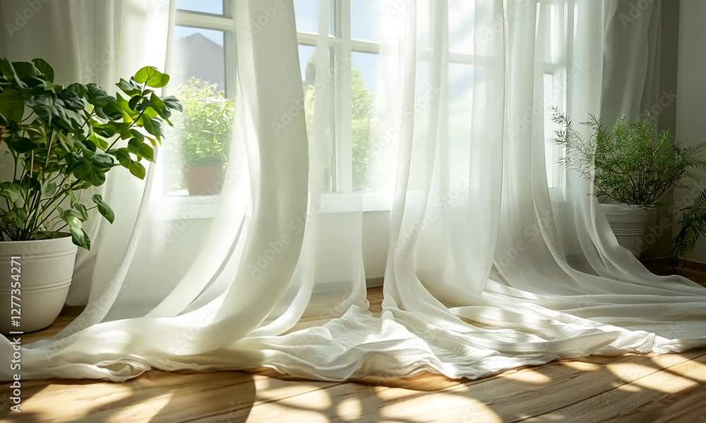 Sunlight streaming through sheer curtains in a bright, airy room with lush green plants Sunlight streaming through sheer curtains in a bright, airy room with lush green plants