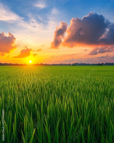 Lush rice paddy sunset landscape