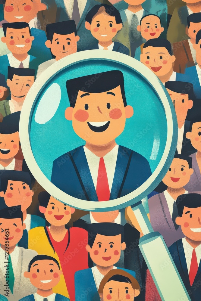 Fun and engaging illustration with magnifying glass highlighting a happy candidate among neutral figures emphasizing recruitment Fun and engaging illustration with magnifying glass highlighting a happy candidate among neutral figures emphasizing recruitment