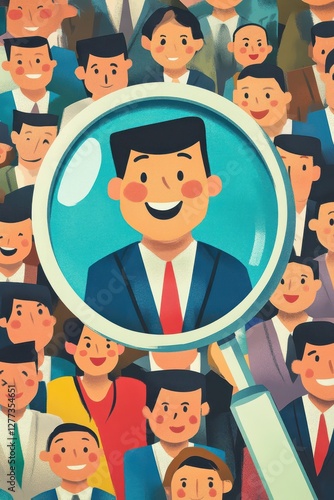 Fun and engaging illustration with magnifying glass highlighting a happy candidate among neutral figures emphasizing recruitment