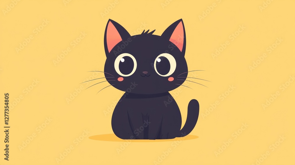 Cute black cartoon cat sitting on a mustard yellow background. Cute black cartoon cat sitting on a mustard yellow background.