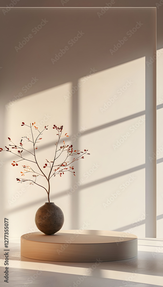 Beige Pedestal, Vase, and Branch Arrangement Beige Pedestal, Vase, and Branch Arrangement