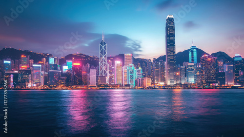vibrant city skyline at dusk, showcasing illuminated buildings and reflections on water