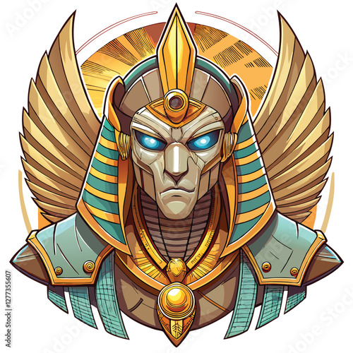 A majestic Egyptian sphinx, intricately detailed,  possessing large, functional mechanical wings, its single visible eye glowing intensely.