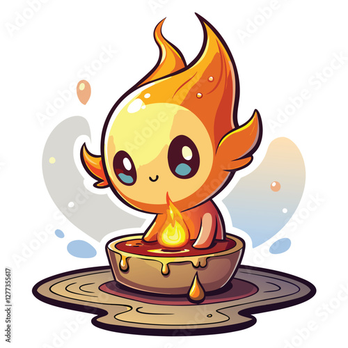 A miniature, ethereal flame spirit, with glowing embers, sits perched atop a flickering candle, gazing intently.  Its expression is serene yet slightly mischievous.