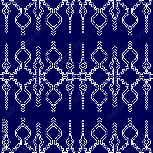 stitch Japanese Sashiko pattern embroidery abstract seamless geometric ornaments white stitch line artwork indigo blue background fashion design template decoration hand drawn printed needlework quilt