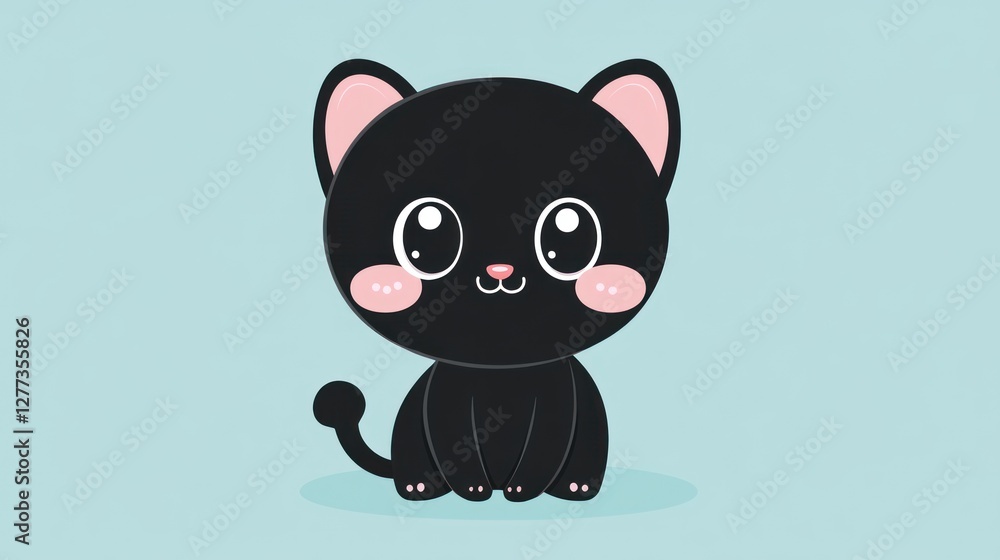 Cute black cartoon cat with big eyes and blush. Cute black cartoon cat with big eyes and blush.
