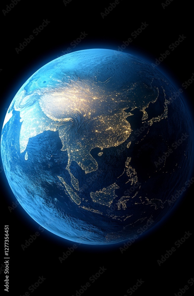 Earth from space, Asia highlighted, night lights visible, educational use Earth from space, Asia highlighted, night lights visible, educational use