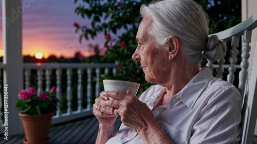 Elderly Woman Sitting on Her Porch, Sipping Tea and Watching a Beautiful Sunset – Peaceful Retirement Moment, Warm Golden Hour Glow, Tranquil Evening Atmosphere, Cozy Outdoor Relaxation, Serene