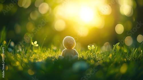 Save the world concept, adults handing over Earth to babies on a green bokeh background