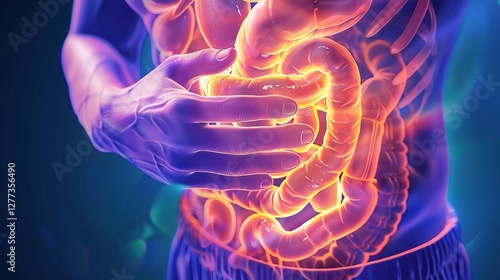 A patient suffering from acute gastroenteritis is lying on a sickbed looking uncomfortable. A doctor is carefully examining the patient, checking the patient's symptoms. photo