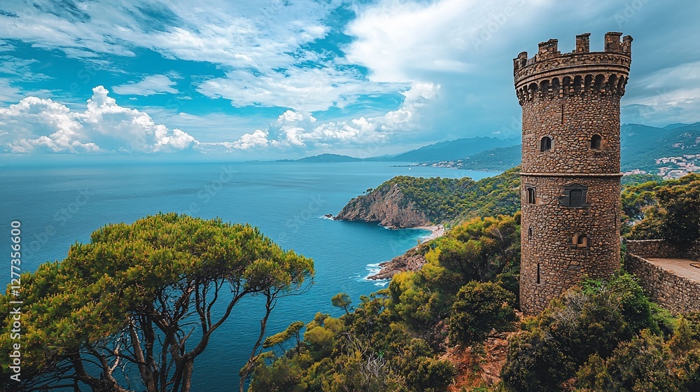 Coastal stone tower overlooking scenic ocean bay. Coastal stone tower overlooking scenic ocean bay.