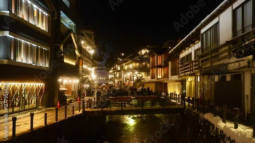 冬の銀山温泉・夜景・川の音（山形県・尾花沢市）