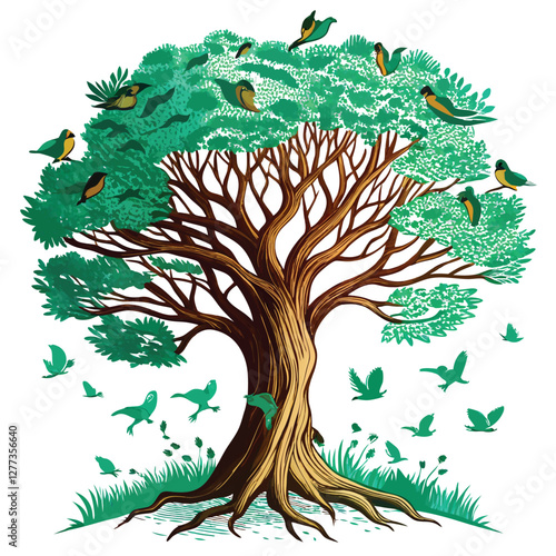 A fantastical, ambulatory tree with exposed roots, walking across a surreal landscape,  tiny birds building nests within its exposed root system.