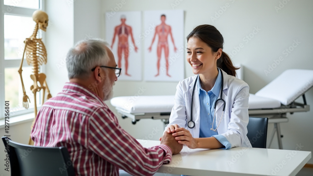 A doctor supports a patient during a consultation, showing care and professionalism in a modern medical office A doctor supports a patient during a consultation, showing care and professionalism in a modern medical office