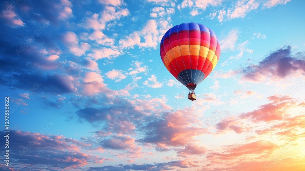 Naklejka premium Colorful Hot Air Balloon Soaring Above Sunset Cloudscape