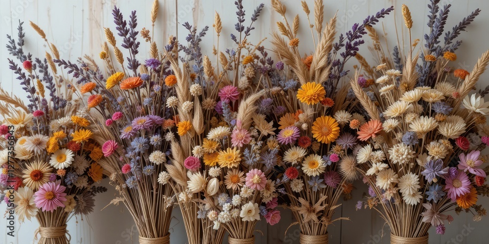 Naklejka premium Colorful Dried Flower Bouquets with Lavender and Wheat Sheaves Arrangement