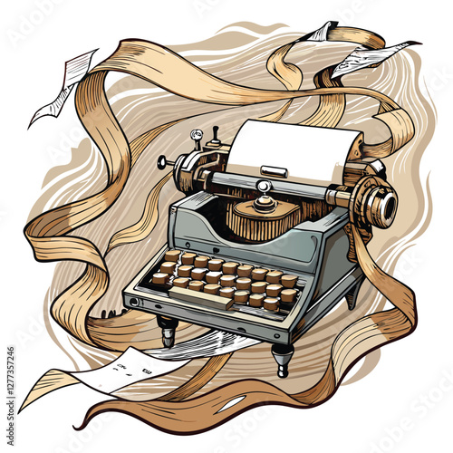 A vintage typewriter with aged keys, showing a partially unraveling sheet of paper, suggesting forgotten stories and the passage of time.