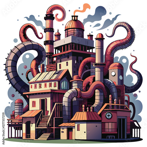 A decaying industrial factory, rusted metal and broken windows, transforms into a colossal, monstrous creature, revealing biomechanical elements.  Pip (1) detail.