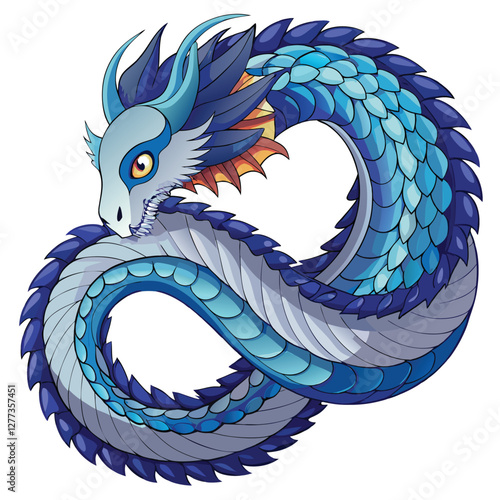 A detailed illustration of an Ouroboros, a serpent consuming its tail, forming a perfect circle.  Emphasis on intricate scales and vibrant colors.