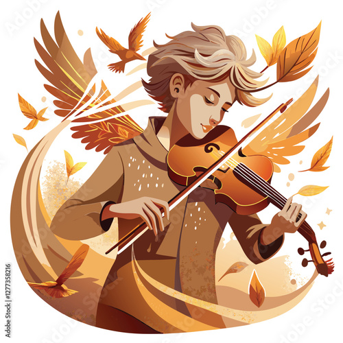 A person passionately playing a violin, surrounded by vibrant, swirling sound waves emanating from the instrument.  Focus on the musician's expression and the dynamic interplay of music and sound.