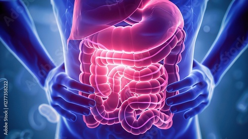 A patient suffering from acute gastroenteritis is lying on a sickbed looking uncomfortable. A doctor is carefully examining the patient, checking the patient's symptoms. photo