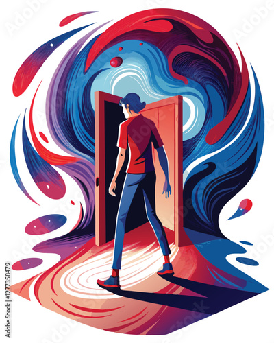 Surreal image of a person walking through a doorway, then immediately reappearing on the other side, creating a visual paradox.