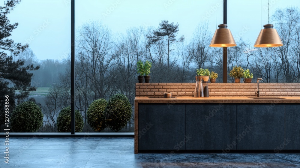 Modern Minimalist Kitchen Design Dark Matte Cabinets Large Window Landscape View Modern Minimalist Kitchen Design Dark Matte Cabinets Large Window Landscape View