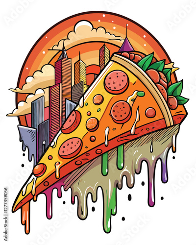 A delicious pizza slice features a surreal, melting cityscape as its topping; vibrant colors, dramatic lighting.