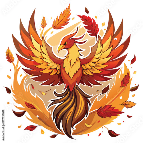 A majestic phoenix rises from ashes, its fiery plumage transforming into vibrant autumn leaves, signifying change and the cyclical nature of life and death.