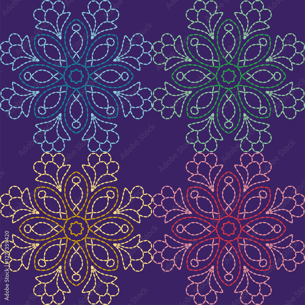  stitch embroidery fabric pattern needlework seamless geometric abstract culture decorative hand drawn tribal asian template printed colorful line artwork black background quilt wallpaper 