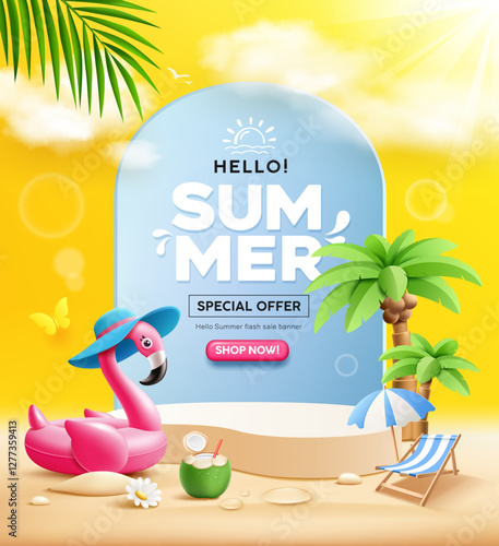 Summer sale podium, pink flamingo inflatable swimming pool, coconut trees, beach umbrella, poster design, cloud and sky on yellow background, EPS 10 vector illustration