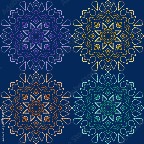  stitch embroidery fabric pattern needlework seamless geometric abstract culture decorative hand drawn tribal asian template printed colorful line artwork black background quilt wallpaper 
