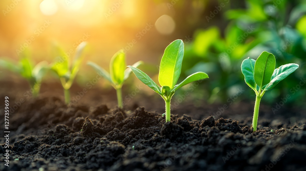 New life emerges from rich soil as green seedlings stretch towards the warm sunlight in a vibrant garden New life emerges from rich soil as green seedlings stretch towards the warm sunlight in a vibrant garden