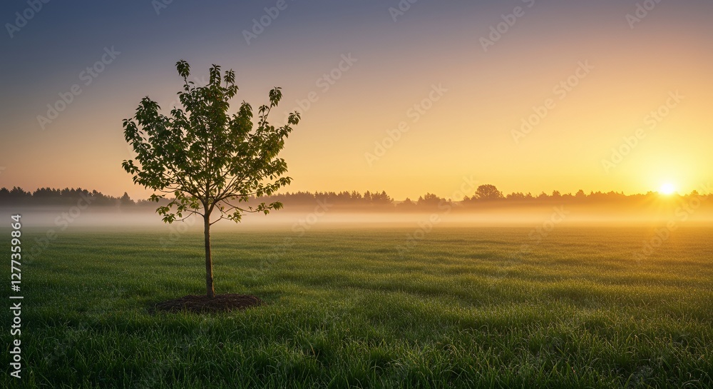 Sunrise over a misty field with a solitary tree standing tall against the dawn sky Sunrise over a misty field with a solitary tree standing tall against the dawn sky