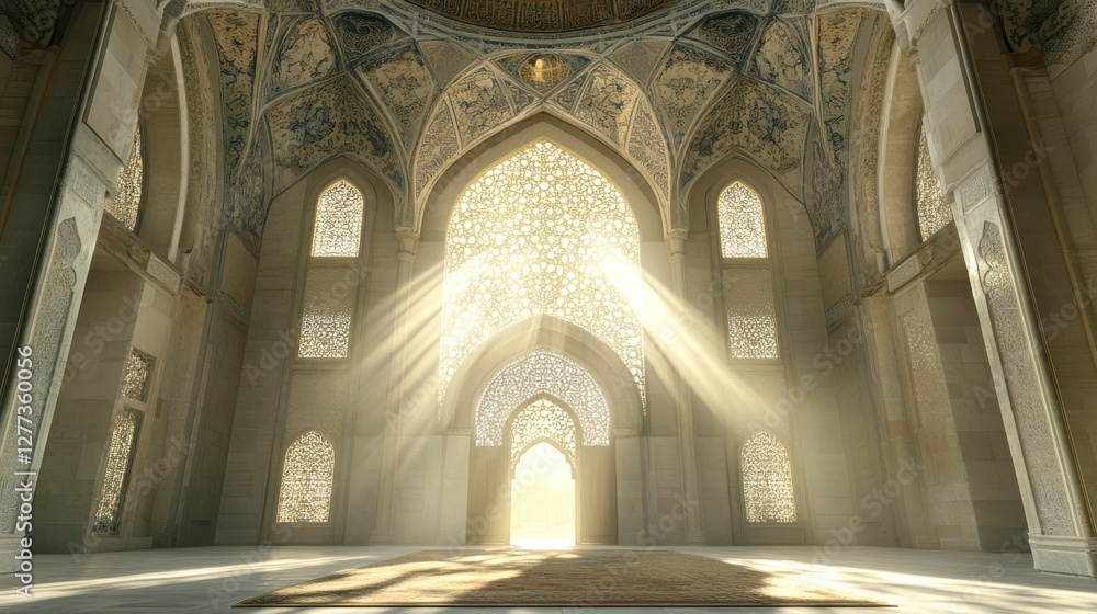 Fototapeta premium Serene Interior of an Ornate Mosque Illuminated by Sunlight Beams
