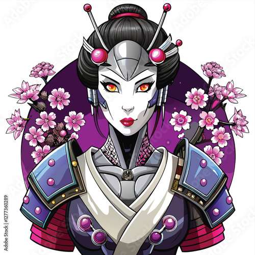 A futuristic geisha robot, adorned with vibrant LED tattoos, elegantly poses in a partially visible kimono.  Her mechanical features are subtly integrated.
