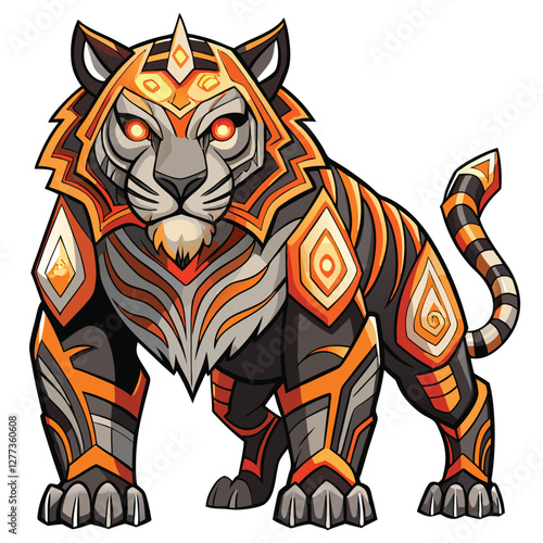 A majestic robotic tiger, adorned with vibrant tribal markings that glow with an ethereal, bioluminescent light, prowls a dark jungle. photo