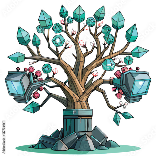 A futuristic robotic tree, metallic branches intricately designed, bearing glowing orbs; detailed mechanical elements visible.