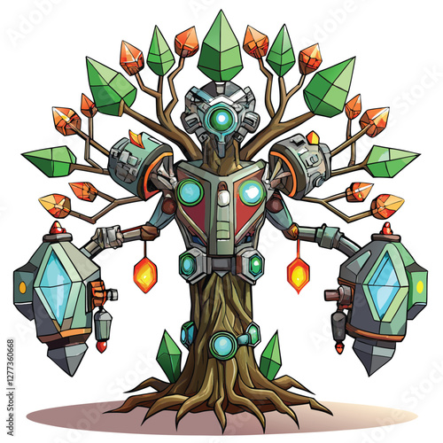 A futuristic robotic tree with intricate mechanical branches bearing glowing orbs, set against a dark, metallic backdrop.