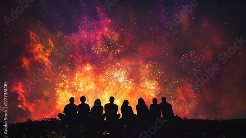 A group of friends silhouetted against a vibrant fireworks display, celebrating under a night sky filled with red, gold, and purple bursts of joy.