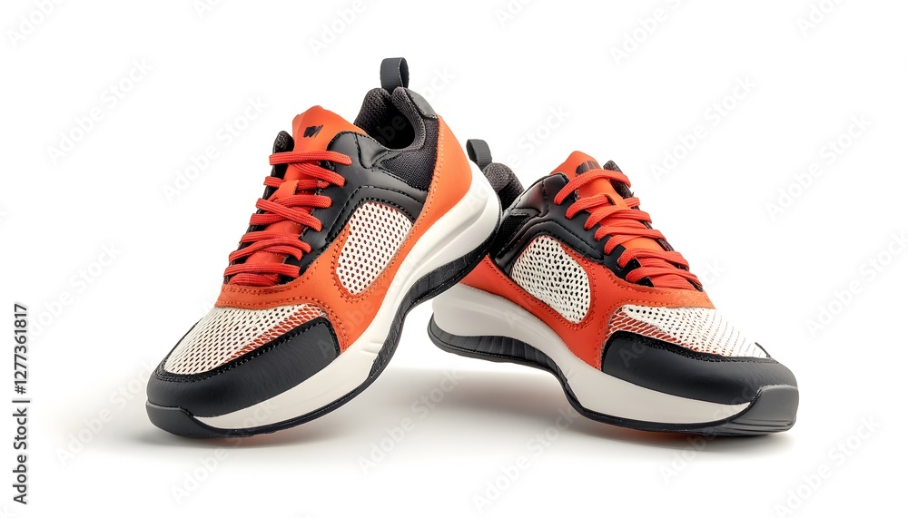 Stylish orange and black sneakers displayed on white background Stylish orange and black sneakers displayed on white background