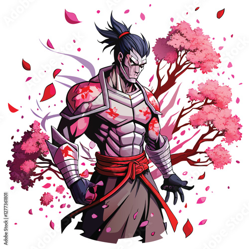 A majestic samurai warrior, his body formed entirely of swirling pink sakura petals, stands serene amidst a gentle breeze.  Disi.